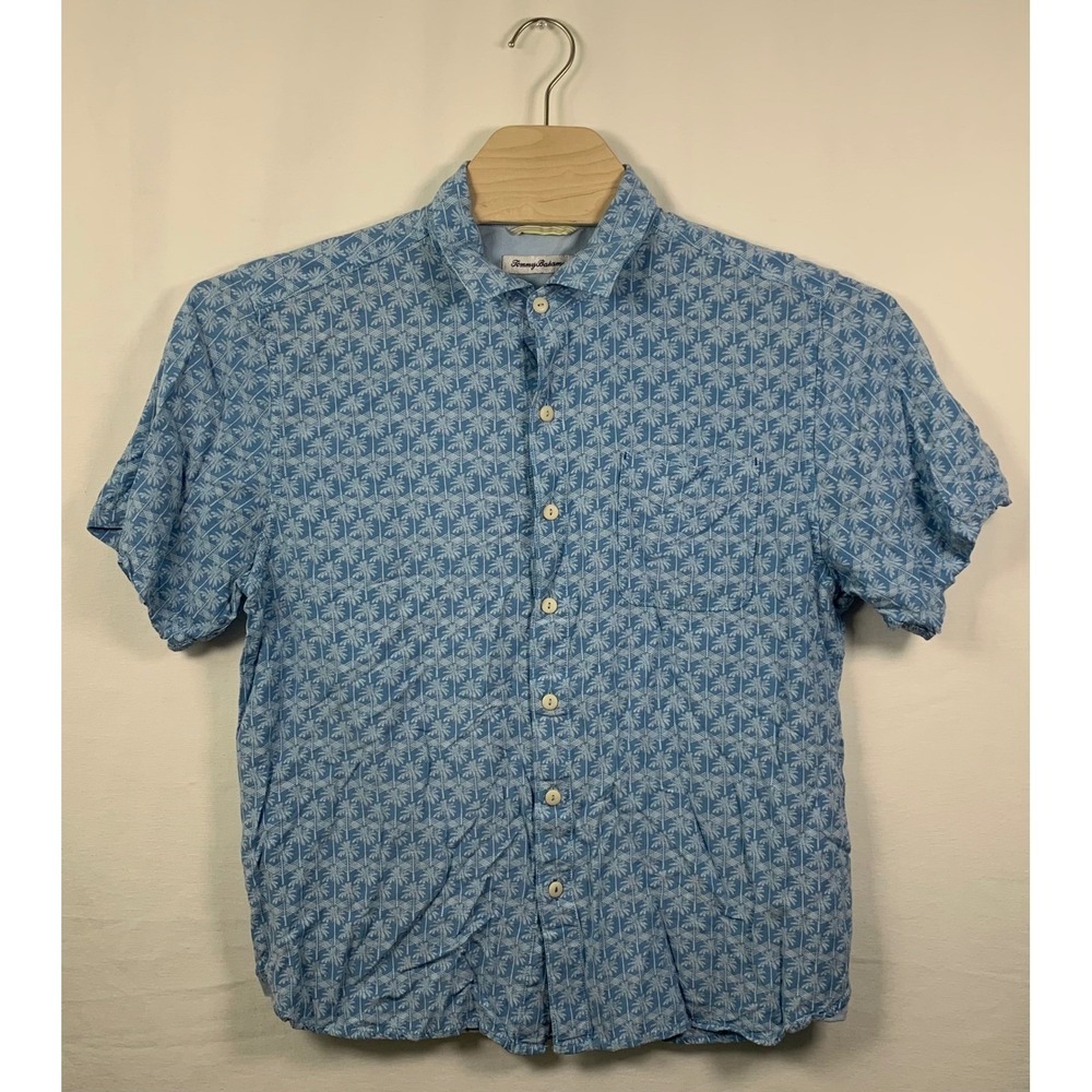Tommy Bahama Mens Blue Palm Tree Print Viscose Short Sleeve Button Down Shirt L